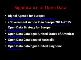 Significance of Open Data
• Digital Agenda for Europe:
• http://ec.europa.eu/information_society/digital-agenda
• eGovernment Action Plan Europe 2011–2015:
• http://ec.europa.eu/information_society/activities/egovernment/action_plan_2011_2015/
Open Data Strategy for Europe:
• http://bit.ly/s5FiQo
• Open Data Catalogue United States of America:
http://data.gov
• Open Data Catalogue of Australia:
• http://data.gov.au
• Open Data Catalogue United Kingdom:
• http://data.gov.uk
 