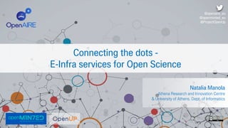 Natalia Manola
Athena Research and Innovation Centre
& University of Athens, Dept. of Informatics
@openaire_eu
@openminted_eu
@ProjectOpenUp
Connecting the dots -
E-Infra services for Open Science
 