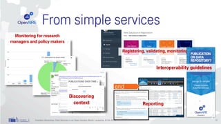 From simple services
Frontiers Workshop: Data Services in an Open-Access World, Lausanne, 8 Feb 2017
Monitoring for research
managers and policy makers
Registering, validating, monitoring
Interoperability guidelines
PUBLICATIONS OVER TIME EC back-
end
reporting
Reporting
Discovering
context
12
 