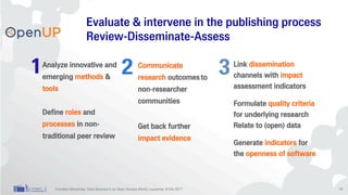 1 2 3Analyze innovative and
emerging methods &
tools
Define roles and
processes in non-
traditional peer review
Communicate
research outcomes to
non-researcher
communities
Get back further
impact evidence
Link dissemination
channels with impact
assessment indicators
Formulate quality criteria
for underlying research
Relate to (open) data
Generate indicators for
the openness of software
Evaluate & intervene in the publishing process
Review-Disseminate-Assess
Frontiers Workshop: Data Services in an Open-Access World, Lausanne, 8 Feb 2017 19
 