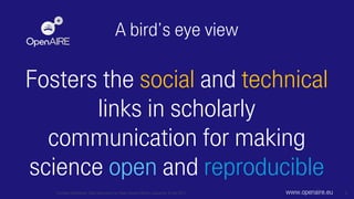 A bird’s eye view
Fosters the social and technical
links in scholarly
communication for making
science open and reproducible
Frontiers Workshop: Data Services in an Open-Access World, Lausanne, 8 Feb 2017 6www.openaire.eu
 