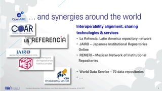 … and synergies around the world
Interoperability alignment, sharing
technologies & services
• La Refencia: Latin America repository network
• JAIRO – Japanese Institutional Repositories
Online
• REMERI – Mexican Network of Institutional
Repositories
• World Data Service – 70 data repositories
• …
Frontiers Workshop: Data Services in an Open-Access World, Lausanne, 8 Feb 2017 8
 