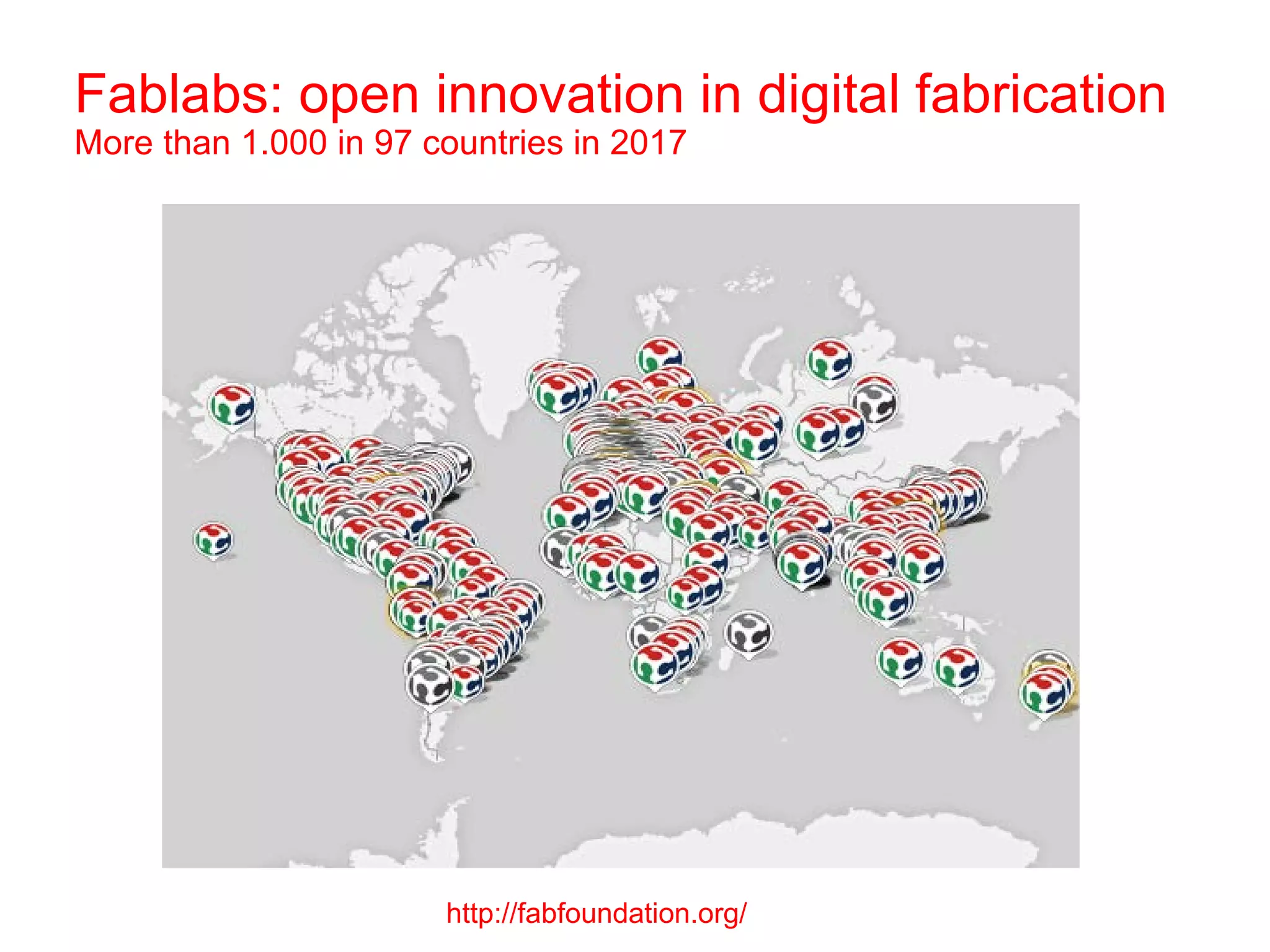 Fablabs: open innovation in digital fabrication
More than 1.000 in 97 countries in 2017
http://fabfoundation.org/
 