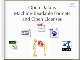 Open Data is 
Machine-Readable Formats 
and Open Licenses 
 