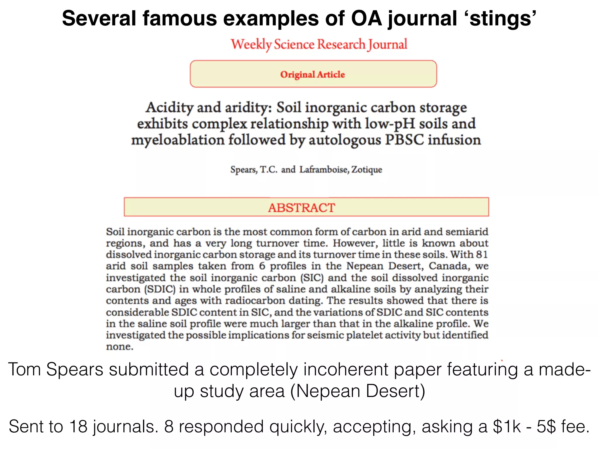 Tom Spears submitted a completely incoherent paper featuring a made-
up study area (Nepean Desert)
Several famous examples of OA journal ‘stings’
Sent to 18 journals. 8 responded quickly, accepting, asking a $1k - 5$ fee.
 