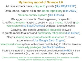 My fantasy model of Science 2.0
Data, code, paper: all in one open repository (like ArXiV)
Version control system (like Github)
All researchers have unique ID proﬁle (like RG/ORCID)
ID-tagged comments. Can be general, or speciﬁc:
speciﬁc comments tagged to sections, as a thread, including up-
vote system (like StackOverﬂow) on paper and comments.
Copying, and contributing (pull-requests) allowed
to create rapid-iterations and community reﬁnement (like Github)
Vote-based score system, with scores contributing to different levels of
community privileges (like StackOverﬂow).
Score a measure of a researchers overall contributions (Like RG), > than
citation metrics [e.g. as bad papers often cited on purpose]
Needs shared super-computer-scale resources to re-run
experiments (Like Google Earth Engine)
(This model already exists for the open software we use every day. The model can be used for
research, and for lecture/course/textbook material too.)
 