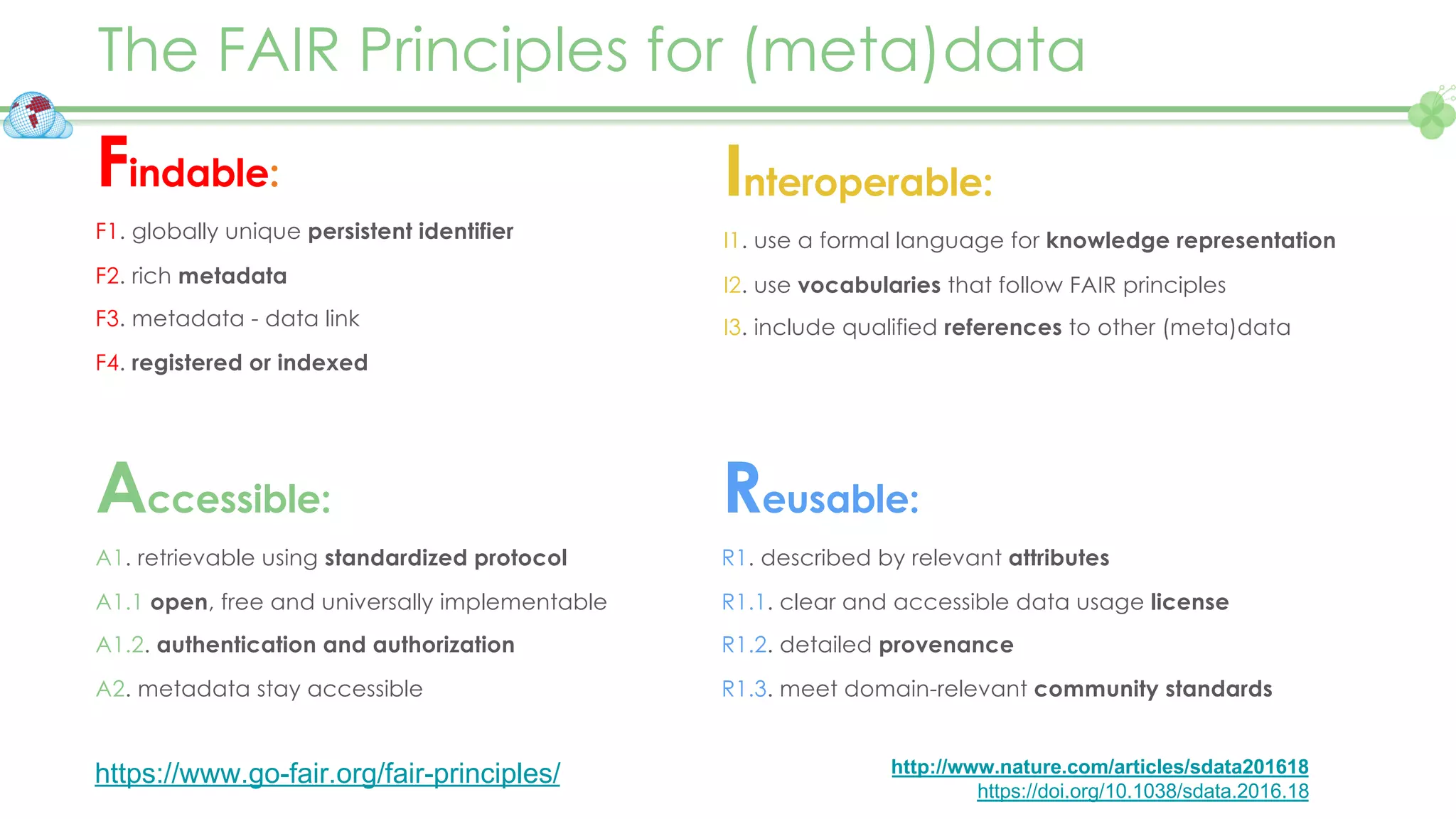 The FAIR Principles for (meta)data
http://www.nature.com/articles/sdata201618
https://doi.org/10.1038/sdata.2016.18
Accessible:
A1. retrievable using standardized protocol
A1.1 open, free and universally implementable
A1.2. authentication and authorization
A2. metadata stay accessible
Reusable:
R1. described by relevant attributes
R1.1. clear and accessible data usage license
R1.2. detailed provenance
R1.3. meet domain-relevant community standards
Interoperable:
I1. use a formal language for knowledge representation
I2. use vocabularies that follow FAIR principles
I3. include qualified references to other (meta)data
Findable:
F1. globally unique persistent identifier
F2. rich metadata
F3. metadata - data link
F4. registered or indexed
https://www.go-fair.org/fair-principles/
 