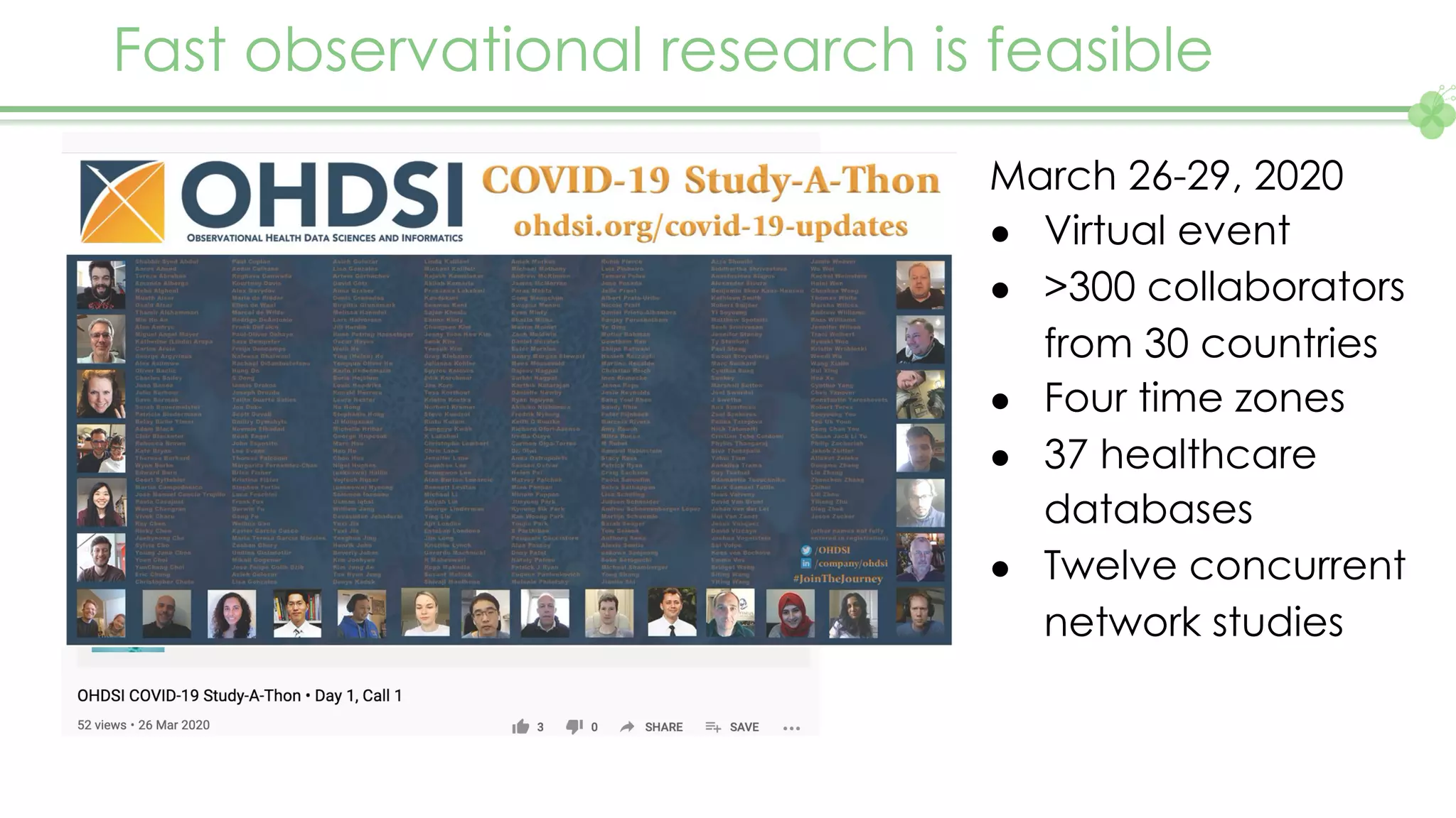 Fast observational research is feasible
March 26-29, 2020
● Virtual event
● >300 collaborators
from 30 countries
● Four time zones
● 37 healthcare
databases
● Twelve concurrent
network studies
 