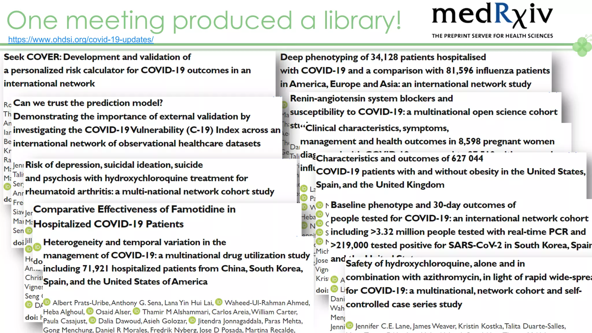 One meeting produced a library!
https://www.ohdsi.org/covid-19-updates/
 
