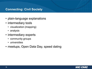Connecting: Civil Society
• plain-language explanations
• intermediary tools
• visualization (mapping)
• analysis

• intermediary experts
• community groups
• universities

• meetups, Open Data Day, speed dating

19

 