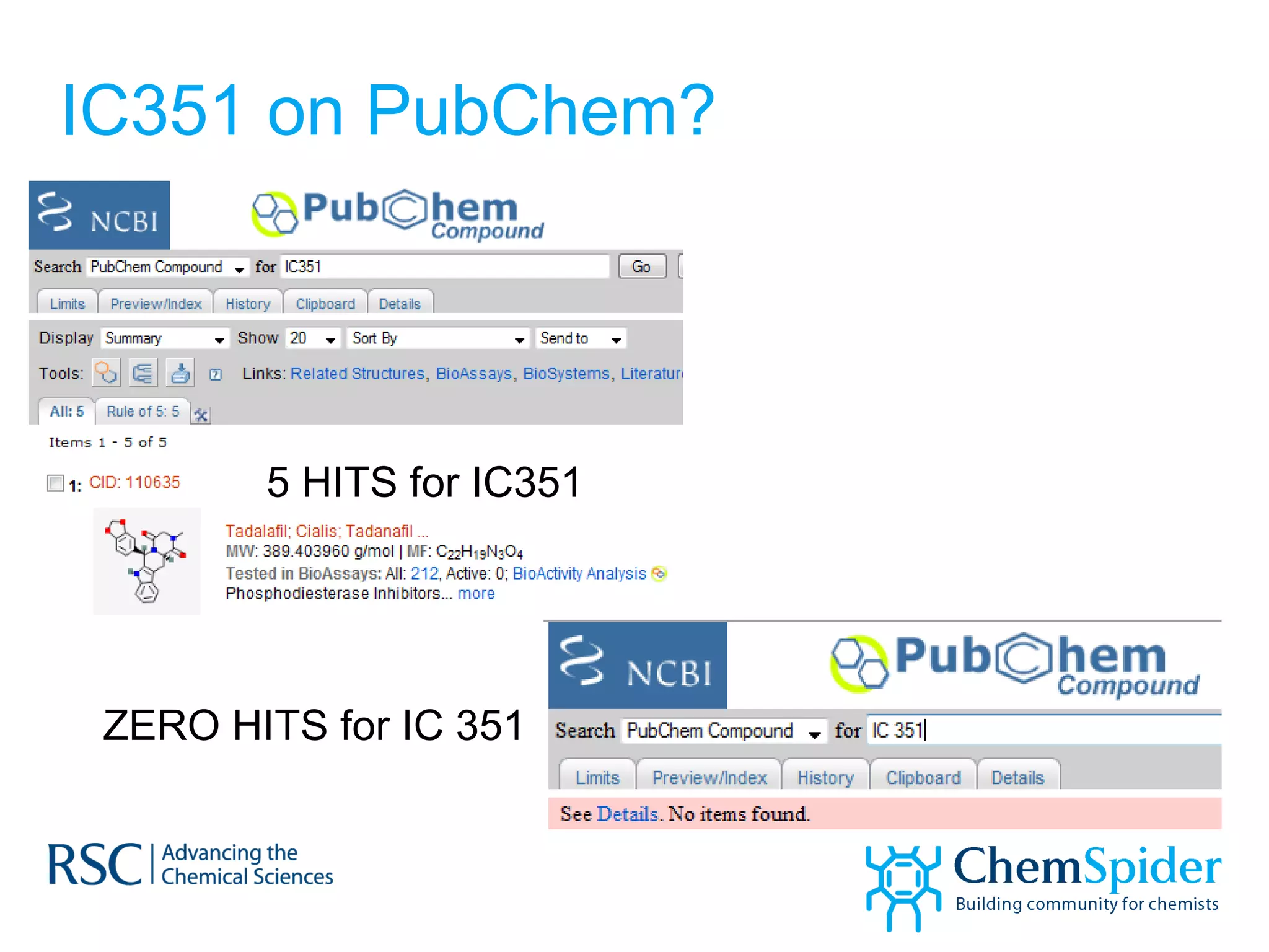 IC351 on PubChem? 5 HITS for IC351 ZERO HITS for IC 351 