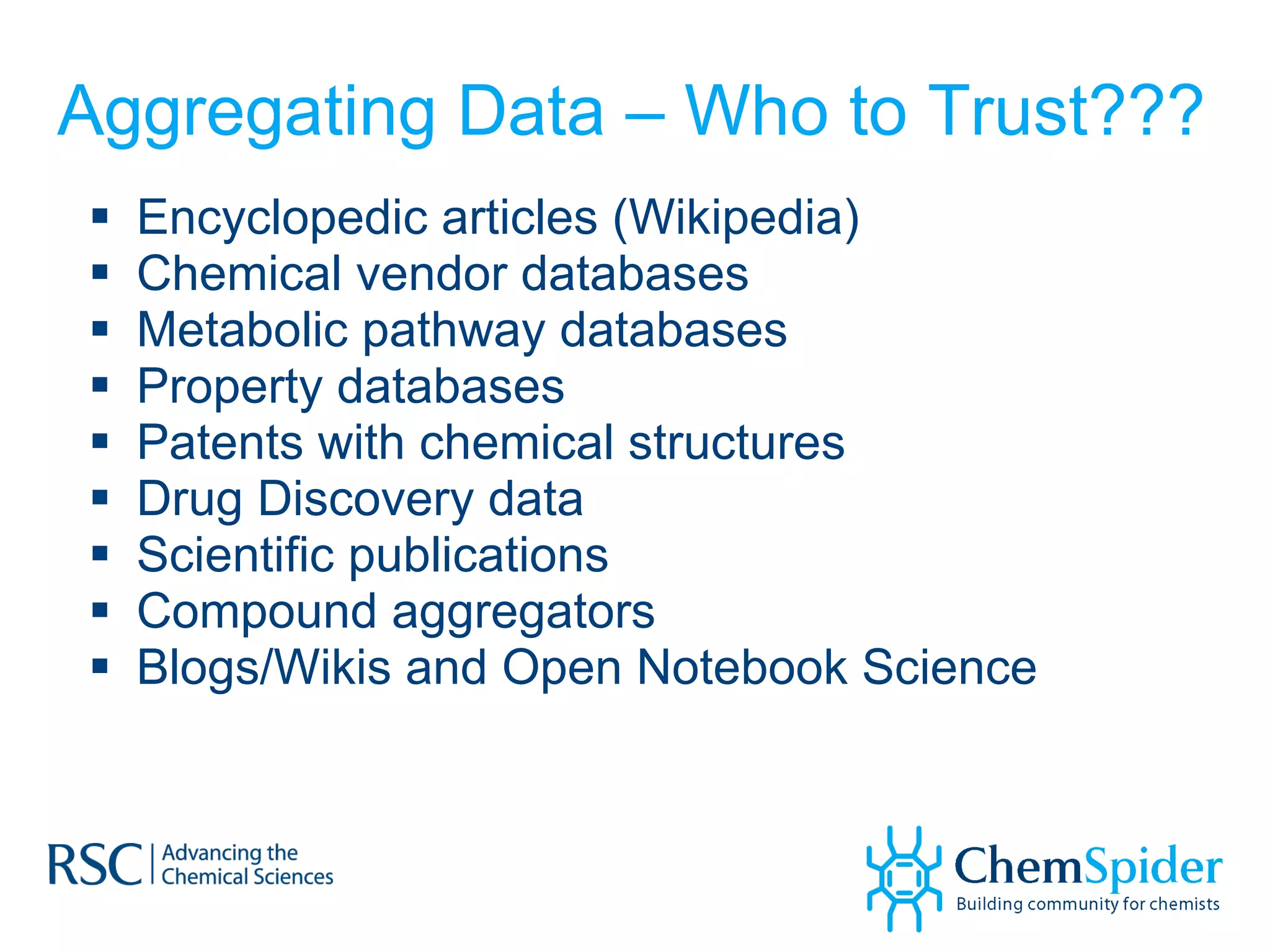 Aggregating Data – Who to Trust??? Encyclopedic articles (Wikipedia) Chemical vendor databases Metabolic pathway databases Property databases Patents with chemical structures Drug Discovery data Scientific publications  Compound aggregators Blogs/Wikis and Open Notebook Science 