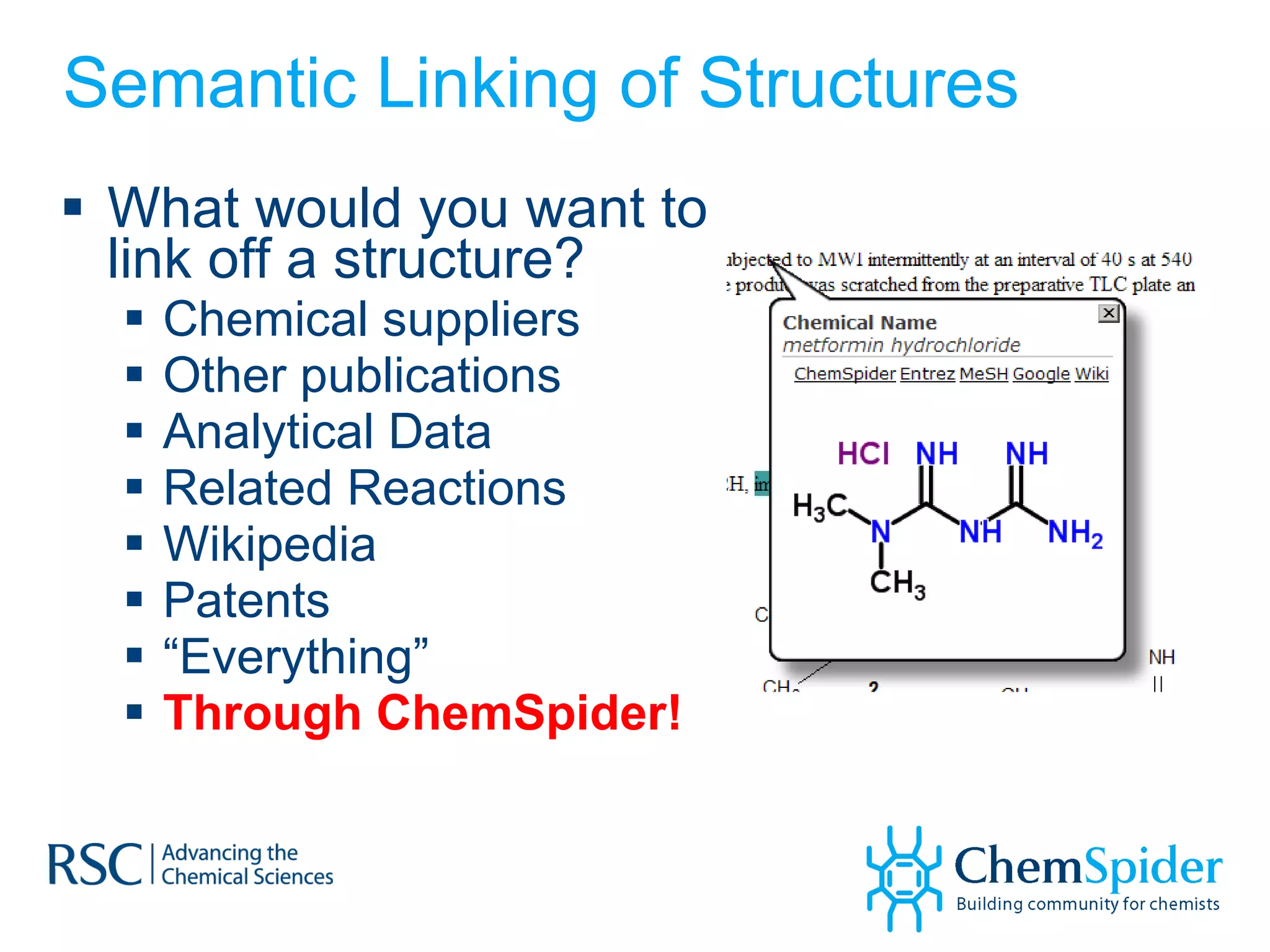 Semantic Linking of Structures What would you want to link off a structure? Chemical suppliers Other publications Analytical Data Related Reactions Wikipedia Patents “ Everything” Through ChemSpider! 