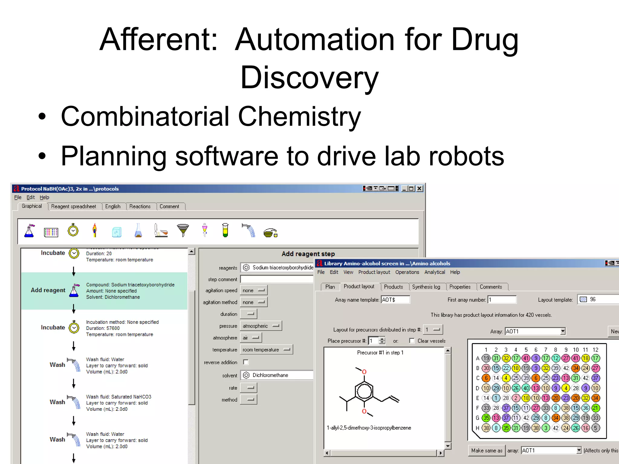 Afferent: Automation for Drug
Discovery
• Combinatorial Chemistry
• Planning software to drive lab robots
 
