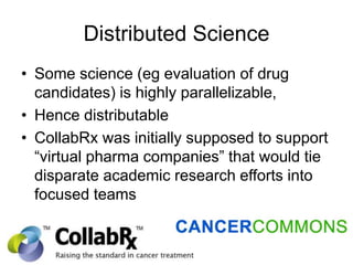 Distributed Science
• Some science (eg evaluation of drug
candidates) is highly parallelizable,
• Hence distributable
• CollabRx was initially supposed to support
“virtual pharma companies” that would tie
disparate academic research efforts into
focused teams
 