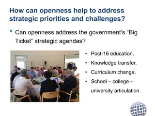 How can openness help to address
strategic priorities and challenges?
• Can openness address the government’s “Big
Ticket” strategic agendas?
• Post-16 education.
• Knowledge transfer.
• Curriculum change.
• School – college –
university articulation.