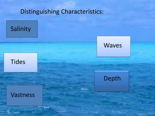 Distinguishing Characteristics:

Salinity

                                 Waves

Tides

                                 Depth

Vastness
 