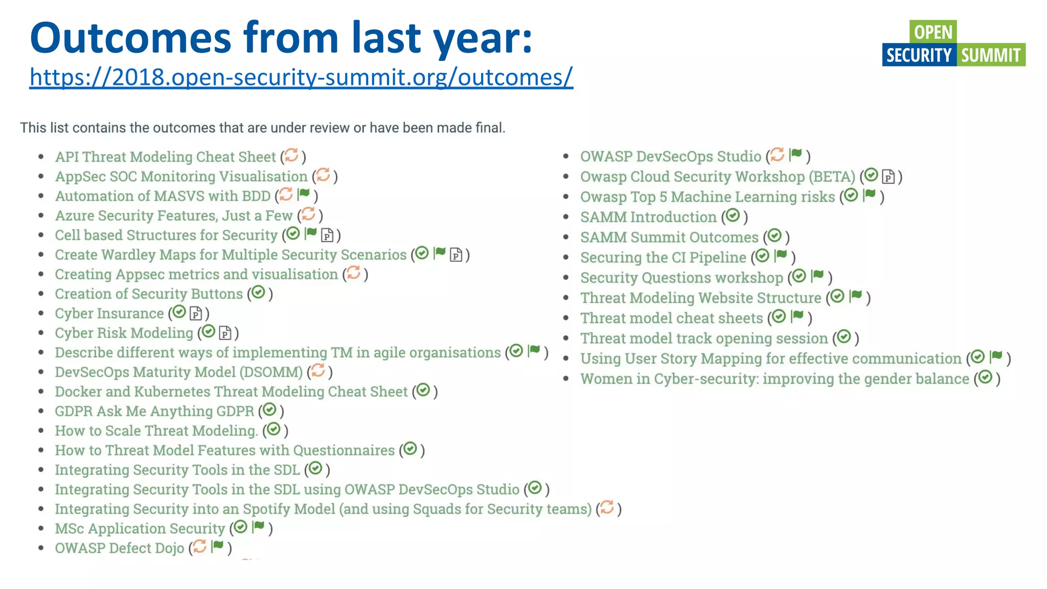 Outcomes from last year:
https://2018.open-security-summit.org/outcomes/
 