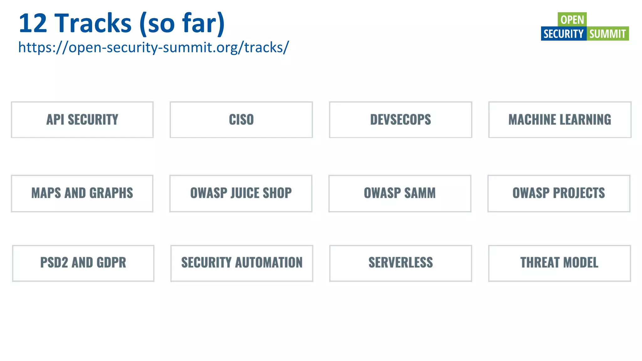 12 Tracks (so far)
https://open-security-summit.org/tracks/
 