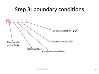 fix 1 1 1 1
10Dhanaji S. Chavan
Step 3: boundary conditions
Command to
define fixity
Node number
Constrain x-translation
Constrain y-translation
Constrain rotation 
 
