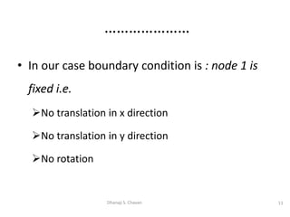 • In our case boundary condition is : node 1 is
fixed i.e.
No translation in x direction
No translation in y direction
No rotation
11Dhanaji S. Chavan
…………………
 