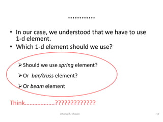 • In our case, we understood that we have to use
1-d element.
• Which 1-d element should we use?
Should we use spring element?
Or bar/truss element?
Or beam element
Think……………….?????????????
17Dhanaji S. Chavan
…………
 