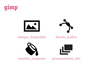 gimp



   retoque_fotográﬁco        diseño_gráﬁco




       creación_imágenes   procesamiento_lote
 