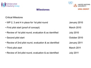 Milestones


Critical Milestone

• WP 2, 3 and 4 in place for 1st pilot round              January 2010

• First pilot start (proof of concept)                    March 2010

• Review of 1st pilot round, evaluation & as identified   July 2010

• Second pilot start                                      October 2010

• Review of 2nd pilot round, evaluation & as identified   January 2011

• Third pilot start                                       March 2011

• Review of 3rd pilot round, evaluation & as identified   July 2011
 