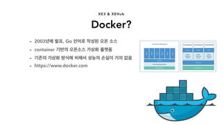 - container 기반의 오픈소스 가상화 플랫폼
Docker?
XE3 & XEHub
- 기존의 가상화 방식에 비해서 성능의 손실이 거의 없음
- 2003년에 발표, Go 언어로 작성된 오픈 소스
- https://www.docker.com
 
