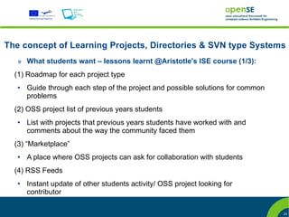 The concept of Learning Projects, Directories & SVN type Systems
   » What students want – lessons learnt @Aristotle's ISE course (1/3):
  (1) Roadmap for each project type
   ●   Guide through each step of the project and possible solutions for common
       problems
  (2) OSS project list of previous years students
   ●   List with projects that previous years students have worked with and
       comments about the way the community faced them
  (3) “Marketplace”
   ●   A place where OSS projects can ask for collaboration with students
  (4) RSS Feeds
   ●   Instant update of other students activity/ OSS project looking for
       contributor

                                                                                  23
 