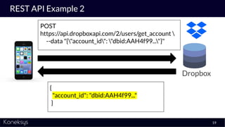 REST API Example 2
19
Dropbox
POST
https://api.dropboxapi.com/2/users/get_account 
--data "{"account_id": "dbid:AAH4f99......