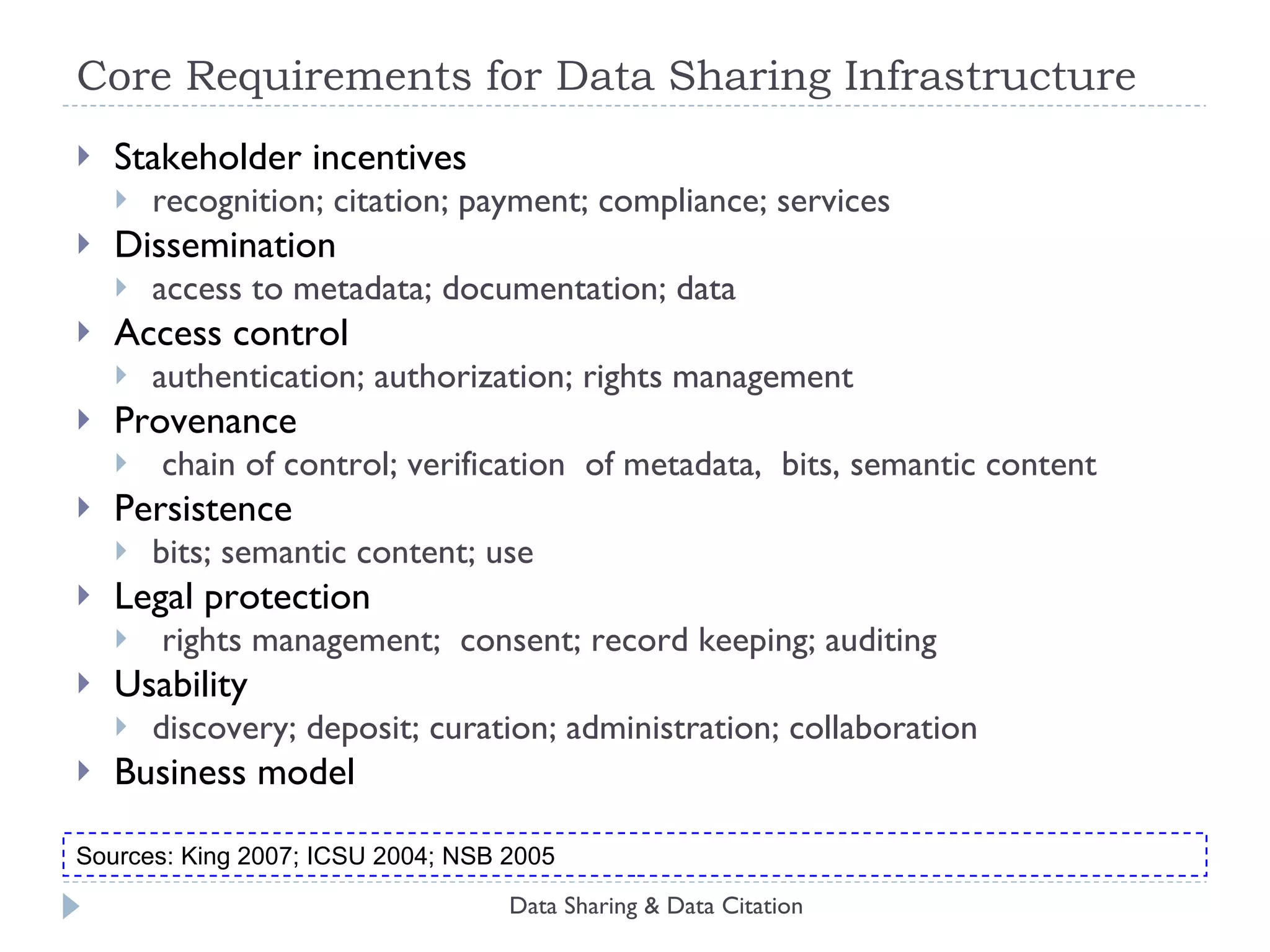 Why is Infrastructure for Data Sharing Necessary? Accessibility: Many large data sets: in public archives Most data in published articles:  not accessible, results not replicable without the original author Most data sets from federal grants: not publicly available Problems with discovery and linking even with professional archives: Data in different archives have different identifiers Archives change identifiers, links Changes to data are made; identifiers are reused or removed; old data are lost Locating/browsing/extracting requires specialized tools & approaches Sharing data requires exposing tacit knowledge Explicit documentation of data structure, collection process, interpretation Harmonizing/linking to known ontologies, metadata schemas, vocabularies Data sets are not preserved like books Static data files (even if on the web): unreadable after a few years When storage methods change: some data sets are lost; others have altered content! Why not Single Centralized infrastructure ? Single point of failure Difficult when data are heterogeneous in format, origin, size, effort needed to collect or analyze, legal access rules, etc. Data producers want credit, control, and visibility Data Sharing & Data Citation 