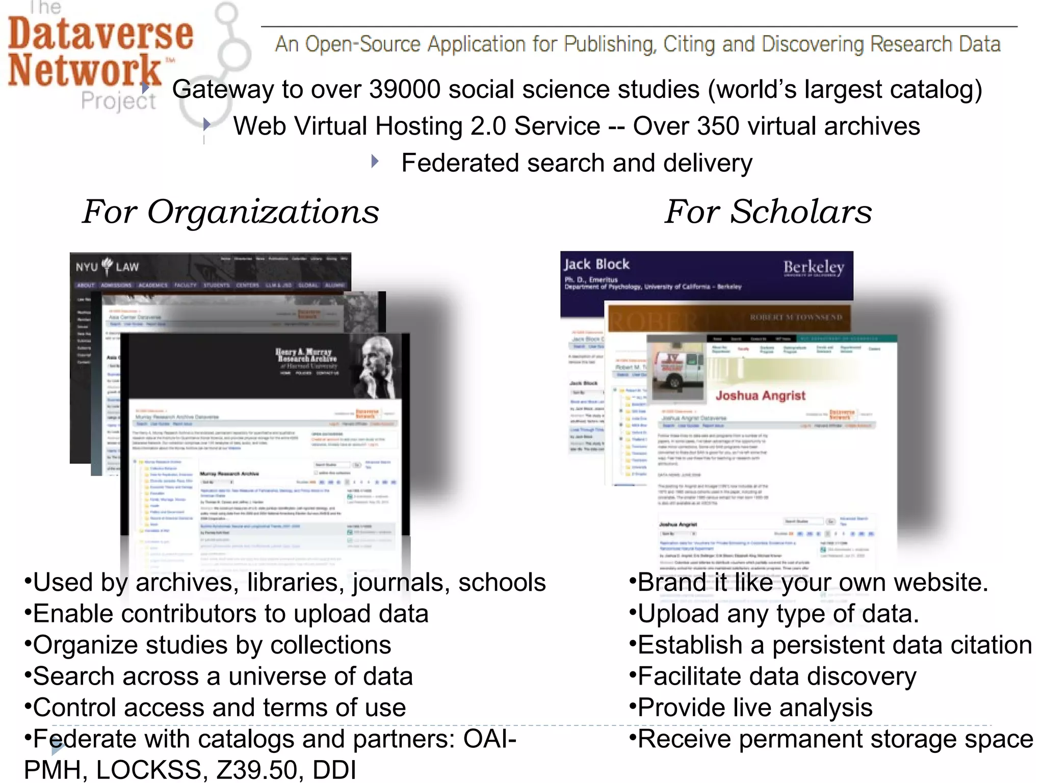 Virtual Archive: Scholar Site Scholar retains control over branding and dissemination Preservation and long-term access is guaranteed Dissemination and compliance with Data Manage Plans is verifiable Integrates with OpenScholar Data Sharing & Data Citation 