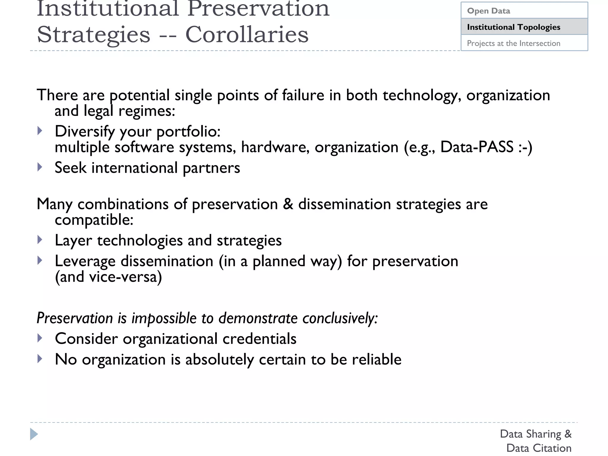 Partnership Agreements MOU Secession Plans & Agreements Coordinating Operations  Development of shared procedures Joint  “ Not-bad ”  practices Identification & selection Metadata Confidentiality Shared Catalog Unified Discovery Content replication Data-PASS is a broad-based partnership of data archives dedicated to acquiring and preserving data at-risk of being lost to the social science research community. Data-PASS partners have rescued thousands of data sets and created the largest catalog of social science data in existence. Data-PASS partners collaborate to identify and promote good archival practices, seek out at-risk research data, build preservation infrastructure, and mutually safeguard Data Sharing & Data Citation 