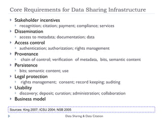 Why is Infrastructure for Data Sharing Necessary? Accessibility: Many large data sets: in public archives Most data in published articles:  not accessible, results not replicable without the original author Most data sets from federal grants: not publicly available Problems with discovery and linking even with professional archives: Data in different archives have different identifiers Archives change identifiers, links Changes to data are made; identifiers are reused or removed; old data are lost Locating/browsing/extracting requires specialized tools & approaches Sharing data requires exposing tacit knowledge Explicit documentation of data structure, collection process, interpretation Harmonizing/linking to known ontologies, metadata schemas, vocabularies Data sets are not preserved like books Static data files (even if on the web): unreadable after a few years When storage methods change: some data sets are lost; others have altered content! Why not Single Centralized infrastructure ? Single point of failure Difficult when data are heterogeneous in format, origin, size, effort needed to collect or analyze, legal access rules, etc. Data producers want credit, control, and visibility Data Sharing & Data Citation 