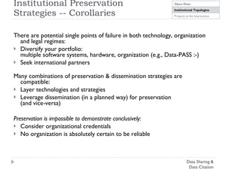 Partnership Agreements MOU Secession Plans & Agreements Coordinating Operations  Development of shared procedures Joint  “ Not-bad ”  practices Identification & selection Metadata Confidentiality Shared Catalog Unified Discovery Content replication Data-PASS is a broad-based partnership of data archives dedicated to acquiring and preserving data at-risk of being lost to the social science research community. Data-PASS partners have rescued thousands of data sets and created the largest catalog of social science data in existence. Data-PASS partners collaborate to identify and promote good archival practices, seek out at-risk research data, build preservation infrastructure, and mutually safeguard Data Sharing & Data Citation 