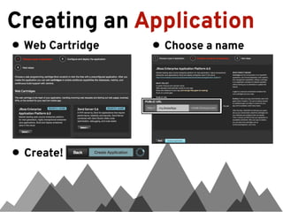 Creating an Application
• Web Cartridge   • Choose a name




• Create!
 