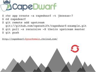 $ rhc app create -a capedwarf -t jbossas-7
$ cd capedwarf
$ git remote add upstream
  git://github.com/openshift/capedwarf-example.git
$ git pull -s recursive -X theirs upstream master
$ git push

http://capedwarf-$yourDomain.rhcloud.com/
 