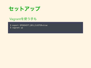 セットアップ 
Vagrantを使う手も 
$ export OPENSHIFT_DEV_CLUSTER=true 
$ vagrant up 
 