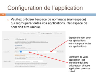 Configuration de l’application
10
 Veuillez préciser l’espace de nommage (namespace)
qui regroupera toutes vos applications. Cet espace de
nom doit être unique.
Espace de nom pour
vos applications
(commun pour toutes
vos applications)
Identifiant de votre
application (cet
identifiant doit être
unique pour chaque
application que vous
 