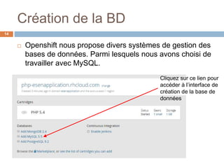 Création de la BD
14
 Openshift nous propose divers systèmes de gestion des
bases de données. Parmi lesquels nous avons choisi de
travailler avec MySQL.
Cliquez sur ce lien pour
accéder à l’interface de
création de la base de
données
 