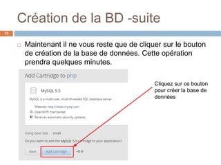 Création de la BD -suite
15
 Maintenant il ne vous reste que de cliquer sur le bouton
de création de la base de données. Cette opération
prendra quelques minutes.
Cliquez sur ce bouton
pour créer la base de
données
 