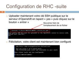 Configuration de RHC -suite
30
 Uploader maintenant votre clé SSH publique sur le
serveur d‘Openshift en tapant « yes » puis cliquez sur le
bouton « entrer »
 Félicitation, votre client est maintenant bien configuré
Souvenez bien de
l’emplacement de ce fichier
 