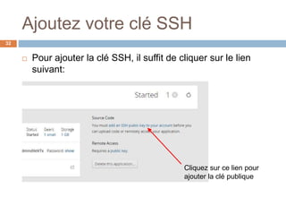 Ajoutez votre clé SSH
32
 Pour ajouter la clé SSH, il suffit de cliquer sur le lien
suivant:
Cliquez sur ce lien pour
ajouter la clé publique
 