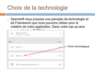 Choix de la technologie
9
 Openshift nous propose une panoplie de technologie et
de Framework que nous pouvons utiliser pour la
création de notre application. Dans notre cas ça sera
une application PHP5.4
Choix technologique
 