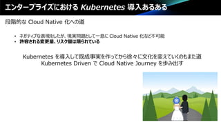 エンタープライズにおける Kubernetes 導入あるある
段階的な Cloud Native 化への道
• ネガティブな表現をしたが、現実問題として一息に Cloud Native 化など不可能
• 許容される変更量、リスク量は限られている...