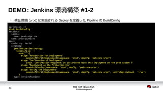RED HAT | Daein Park
#rhconvergence
23
DEMO: Jenkins 環境構築 #1-2
●
検証環境 (prod) に実施される Deploy を定義した Pipeline の BuildConfig
apiVersion: v1
kind: BuildConfig
metadata:
labels:
name: prod-pipeline
name: prod-pipeline
spec:
runPolicy: Serial
strategy:
jenkinsPipelineStrategy:
jenkinsfile: |-
node(''){
stage 'Preparation for Deployment'
openshiftVerifyDeployment(namespace: 'prod', depCfg: 'petstore-prod')
stage 'Confirmation of Deployment'
input 'Confirmation Required: Do you proceed with this Deployment on the prod system ?'
stage 'Deployment on the Production Env'
openshiftDeploy(namespace: 'prod', depCfg: 'petstore-prod')
stage 'Verify the Deployment'
openshiftVerifyDeployment(namespace: 'prod', depCfg: 'petstore-prod', verifyReplicaCount: 'true')
}
type: JenkinsPipeline
 