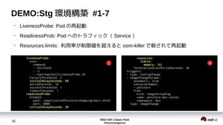 RED HAT | Daein Park
#rhconvergence
35
DEMO:Stg 環境構築 #1-7
●
LivenessProbe: Pod の再起動
●
ReadinessProb: Pod へのトラフィック（ Service ）
●
Resources.limits: 利用率が制限値を超えると oom-killer で殺されて再起動
livenessProbe:
exec:
command:
- /bin/bash
- -c
- /opt/eap/bin/livenessProbe.sh
failureThreshold: 3
initialDelaySeconds: 60
periodSeconds: 10
successThreshold: 1
timeoutSeconds: 1
readinessProbe:
httpGet:
path: /applicationPetstore/shopping/main.xhtml
port: 8080
initialDelaySeconds: 20
resources:
limits:
memory: 1Gi
TerminationGracePeriodSeconds: 30
triggers:
- type: ConfigChange
- imageChangeParams:
automatic: true
containerNames:
- petstore
from:
kind: ImageStreamTag
name: petstore-dev:latest
namespace: dev
type: ImageChange
3 4
 