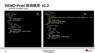 RED HAT | Daein Park
#rhconvergence
39
- apiVersion: v1
kind: Service
metadata:
annotations:
service.alpha.kubernetes.io/tolerate-unready-endpoints: "true"
labels:
app: ${APP_NAME}
application: ${APP_NAME}
name: ${APP_NAME}-ping
spec:
clusterIP: None
ports:
- name: ping
port: 8888
protocol: TCP
targetPort: 8888
selector:
app: ${APP_NAME}
deploymentconfig: ${APP_NAME}
type: ClusterIP
DEMO:Prod 環境構築 #1-2
●
petstore-template.yaml
- apiVersion: v1
kind: Service
metadata:
labels:
app: ${APP_NAME}
name: ${APP_NAME}
spec:
ports:
- port: 8080
protocol: TCP
targetPort: 8080
selector:
app: ${APP_NAME}
deploymentconfig: ${APP_NAME}
type: ClusterIP
3 4
 
