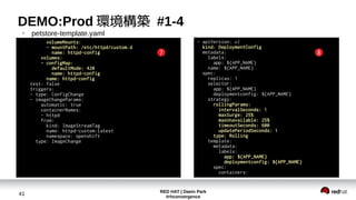 RED HAT | Daein Park
#rhconvergence
41
DEMO:Prod 環境構築 #1-4
●
petstore-template.yaml
volumeMounts:
- mountPath: /etc/httpd/custom.d
name: httpd-config
volumes:
- configMap:
defaultMode: 420
name: httpd-config
name: httpd-config
test: false
triggers:
- type: ConfigChange
- imageChangeParams:
automatic: true
containerNames:
- httpd
from:
kind: ImageStreamTag
name: httpd-custom:latest
namespace: openshift
type: ImageChange
7 6
- apiVersion: v1
kind: DeploymentConfig
metadata:
labels:
app: ${APP_NAME}
name: ${APP_NAME}
spec:
replicas: 1
selector:
app: ${APP_NAME}
deploymentconfig: ${APP_NAME}
strategy:
rollingParams:
intervalSeconds: 1
maxSurge: 25%
maxUnavailable: 25%
timeoutSeconds: 600
updatePeriodSeconds: 1
type: Rolling
template:
metadata:
labels:
app: ${APP_NAME}
deploymentconfig: ${APP_NAME}
spec:
containers:
8
 